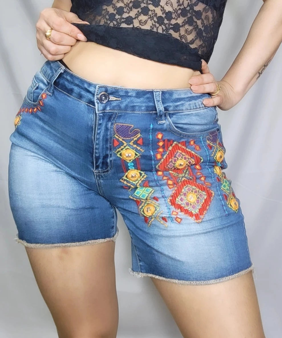 Summer high waist embroidery women tight denim Short Jeans