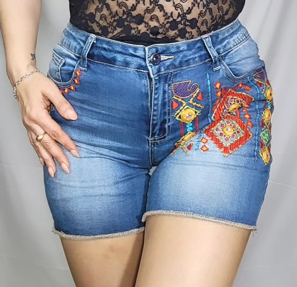 Summer high waist embroidery women tight denim Short Jeans