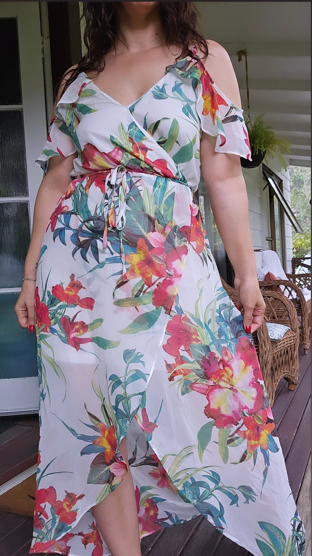 Wrap Dress Strappy cold shoulder frill - Wrap long dress with floral print in white, coral and green color