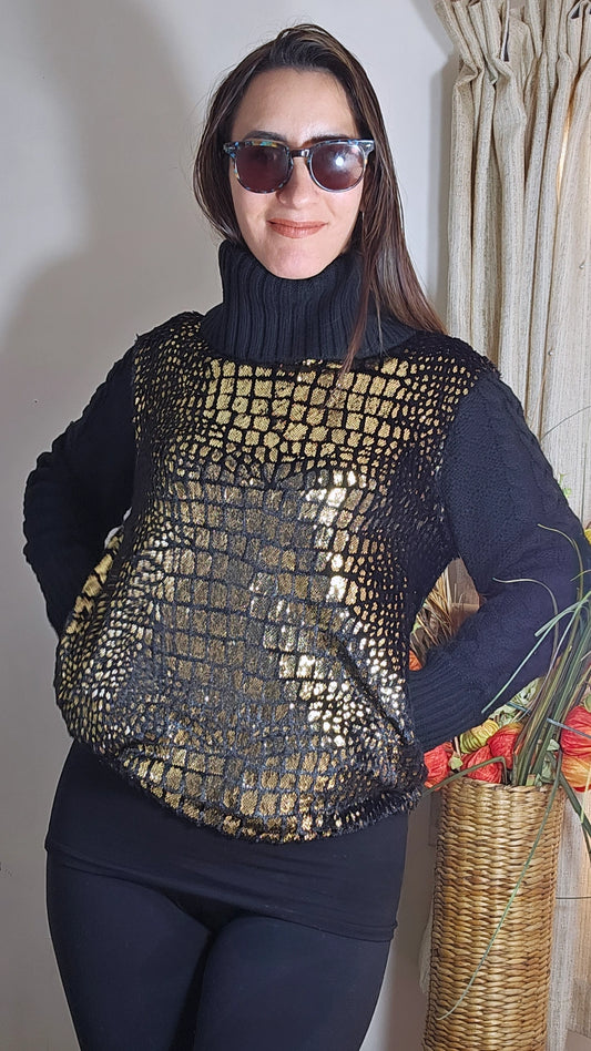 Black & Gold Soft Metallic turtle Sweater