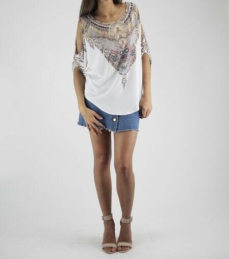 Ladies White Boho Print Open Sleeve Top