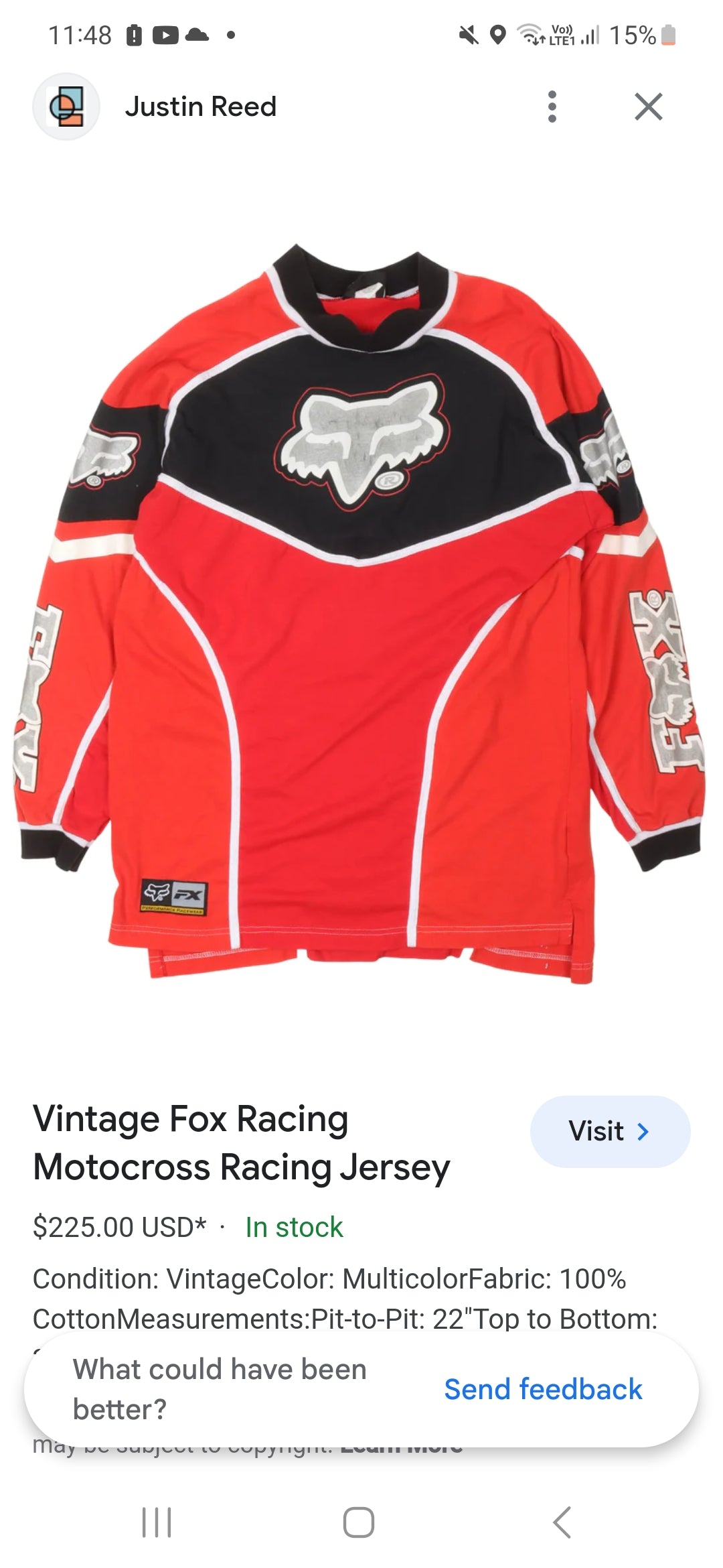 American Vintage Crewneck Fox Racing Motocross Racing Jersey