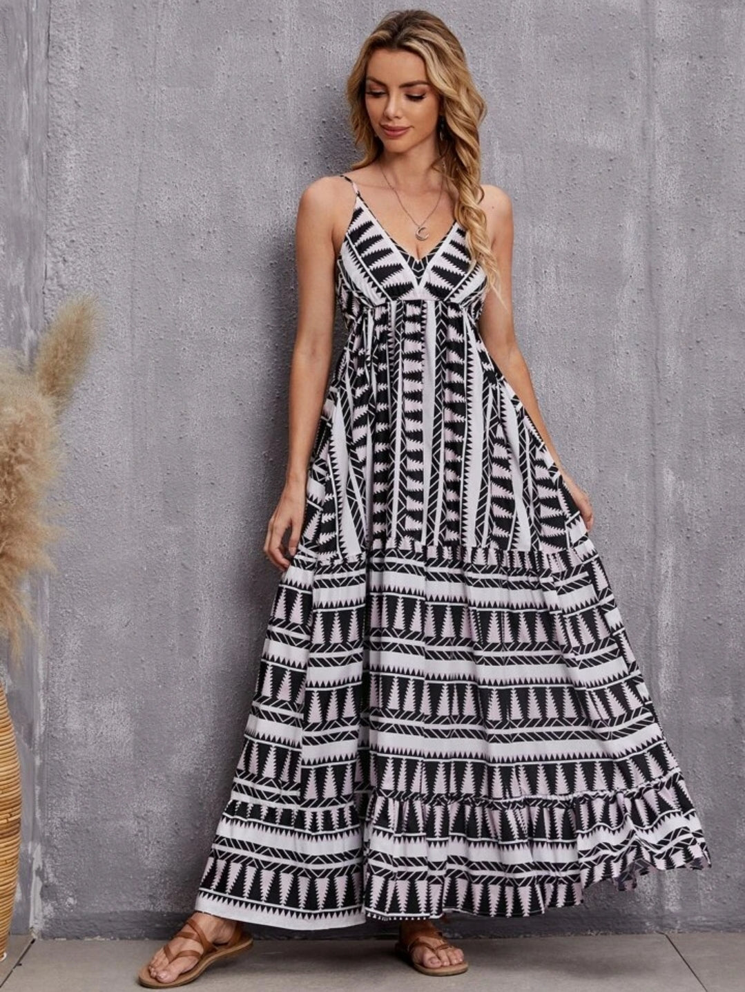 Geo Print Ruffle Hem Cami Dress Maxi Dress