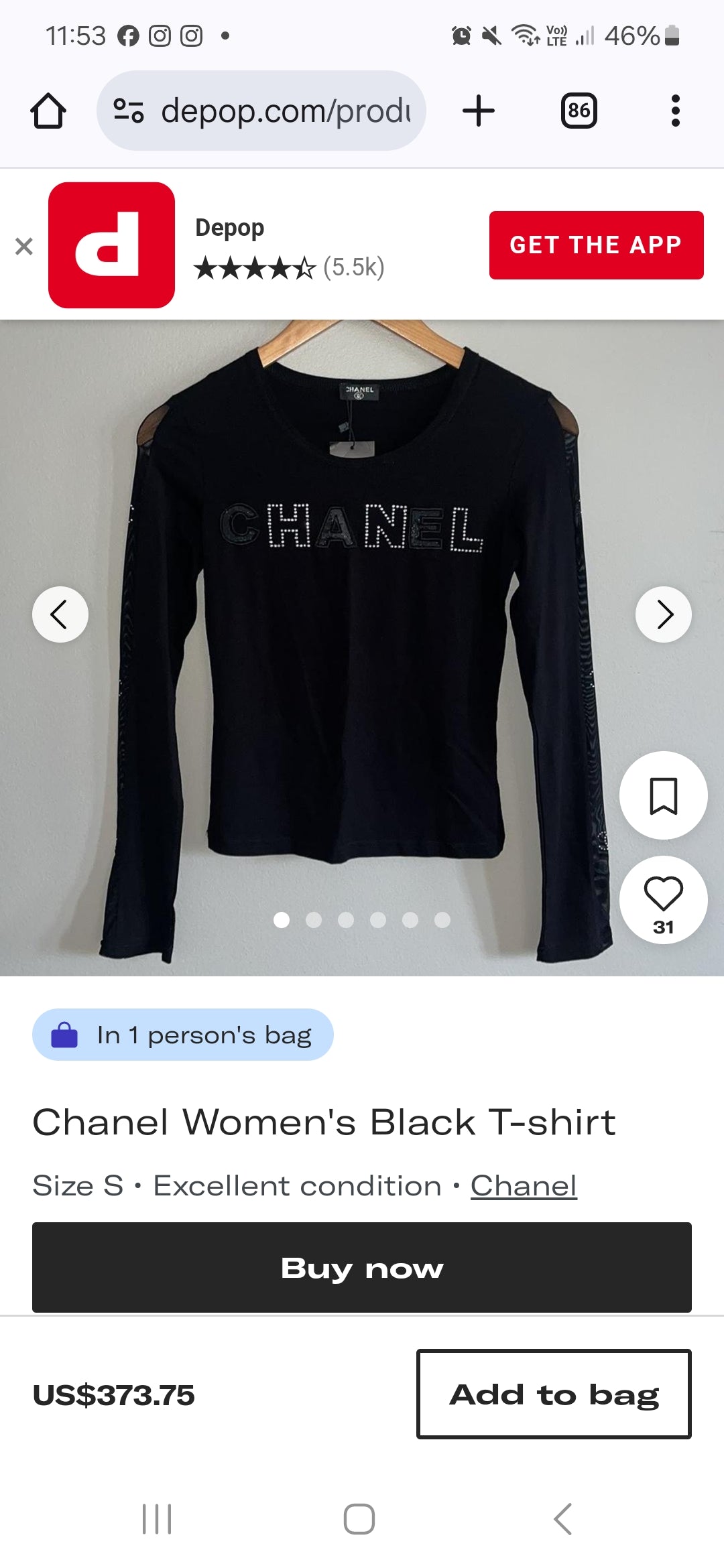 3/4 sleeves Chanel Women's Black T-shirt - Used Top preloved chanel