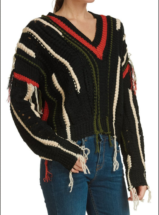 Knitted Crewneck Sweatshirt V-Neck Multi Color Fringe Sweater