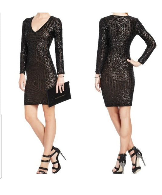 Black Sequined V Neck Long Sleeves Formal Dress MINI Dress Size S.