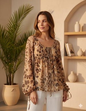 Casual Women's Front Tie Long Sleeve Leopard Print Shirt - Top