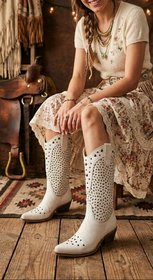 bohemian rodeo white cowboy boots in good preloved condition. Size 8.5. Holy cow, leather upper, balance manmade. available in Auckland for purchases and also available at the online store PAOTHRIFT.CO.NZ 