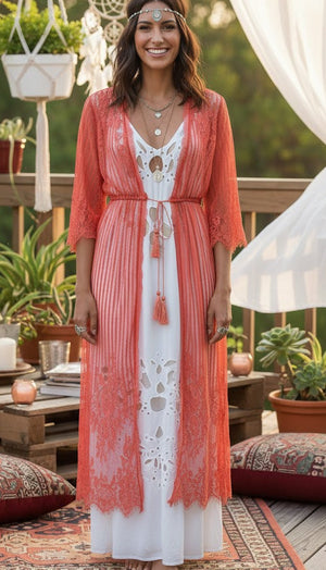 Coral Cardigan Jacket Kimono Orange Lace Duster