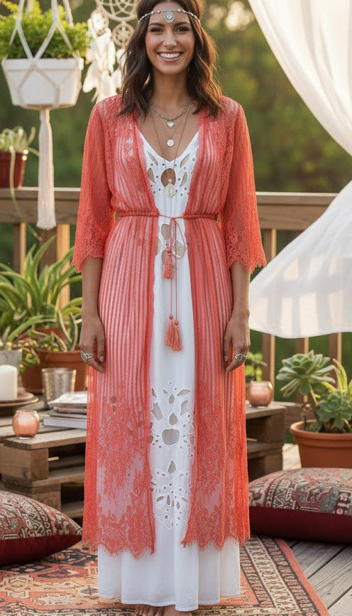 coral kimono in lace details in bohemian style in good preloved condition in Auckland and available online