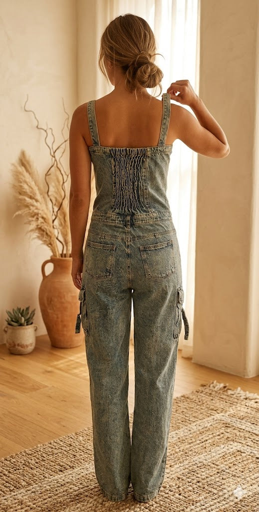 Unique Colombian Wide Leg Denim Jumpsuit Cargo style Size S.
