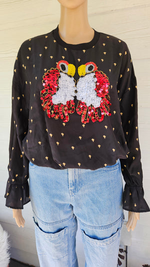 100% Silk Parrot Blouse - Second Hand long sleeves top