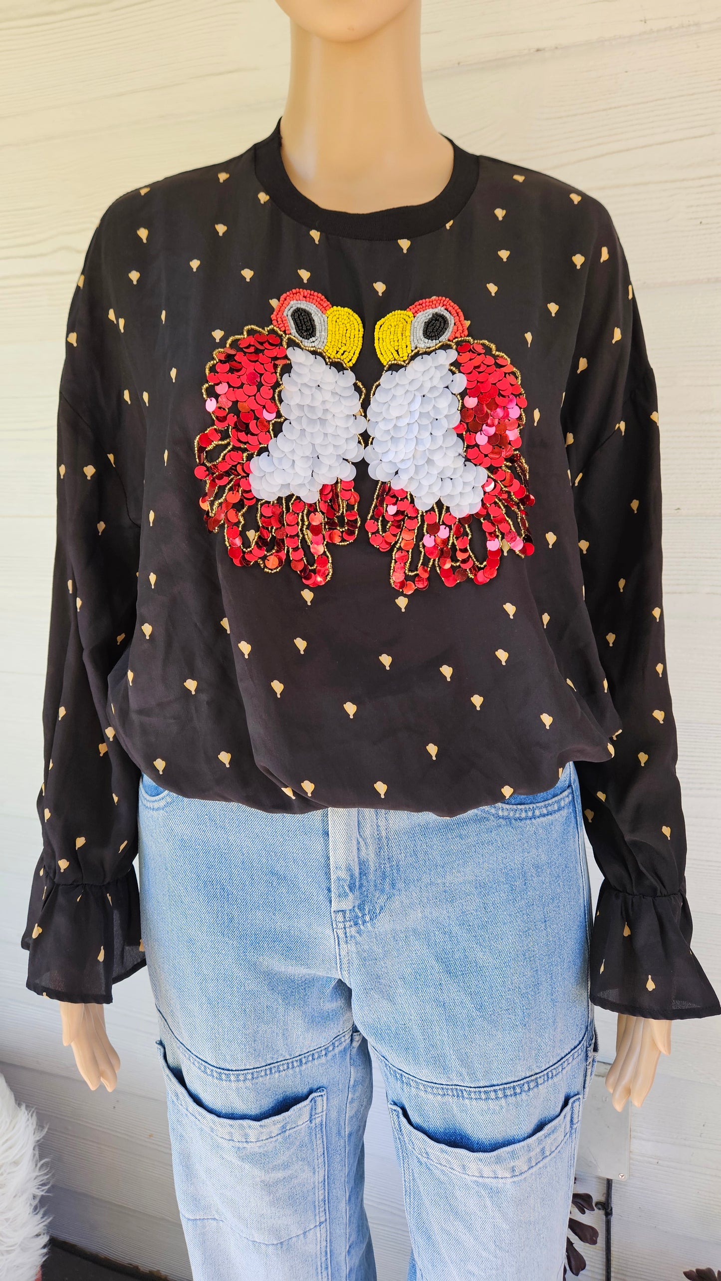 100% Silk Parrot Blouse - Second Hand long sleeves top