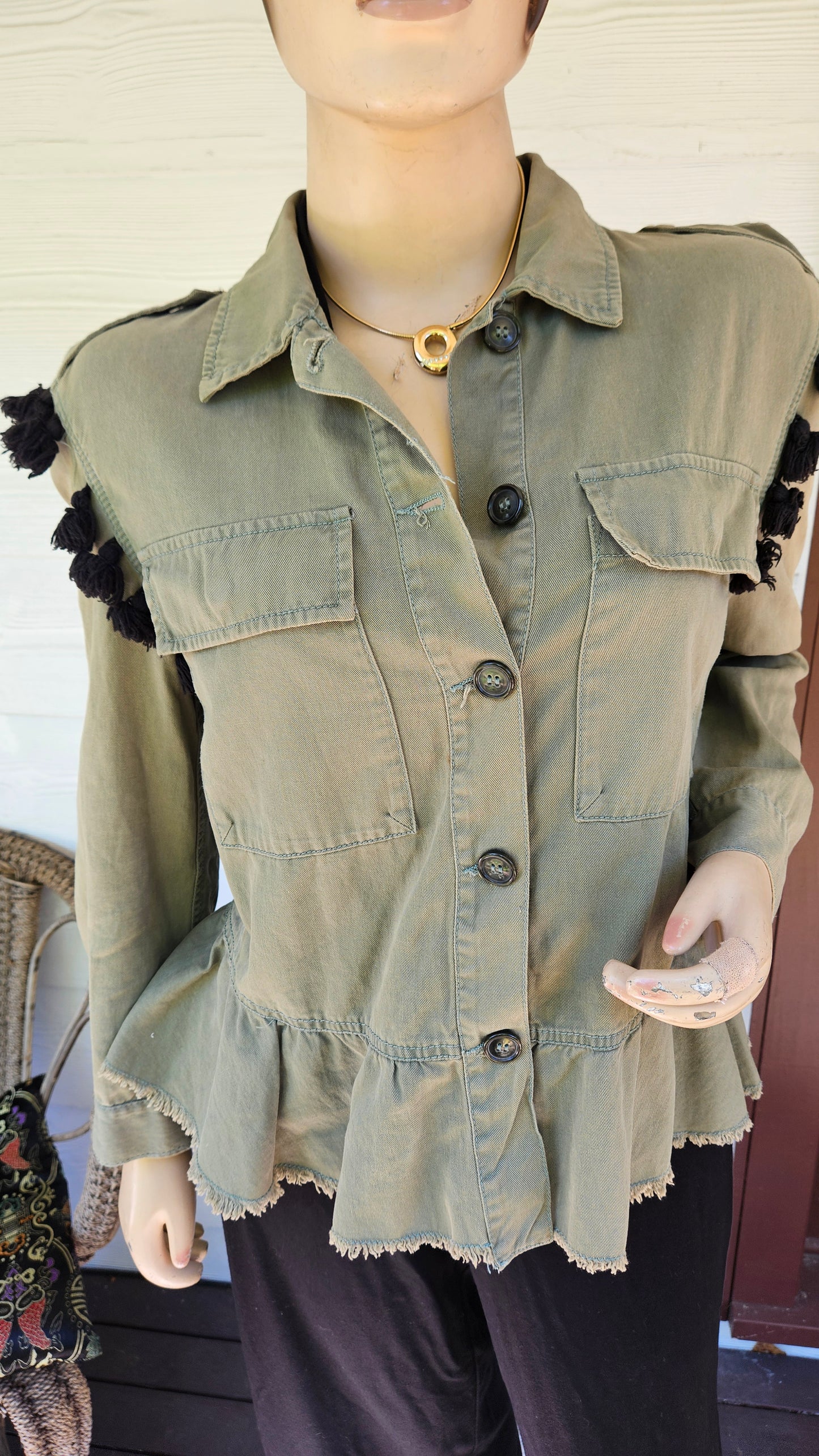 Zara Boho Embroidered Beaded Pom-Pom Army Green Ruffled Military Festival Jacket.