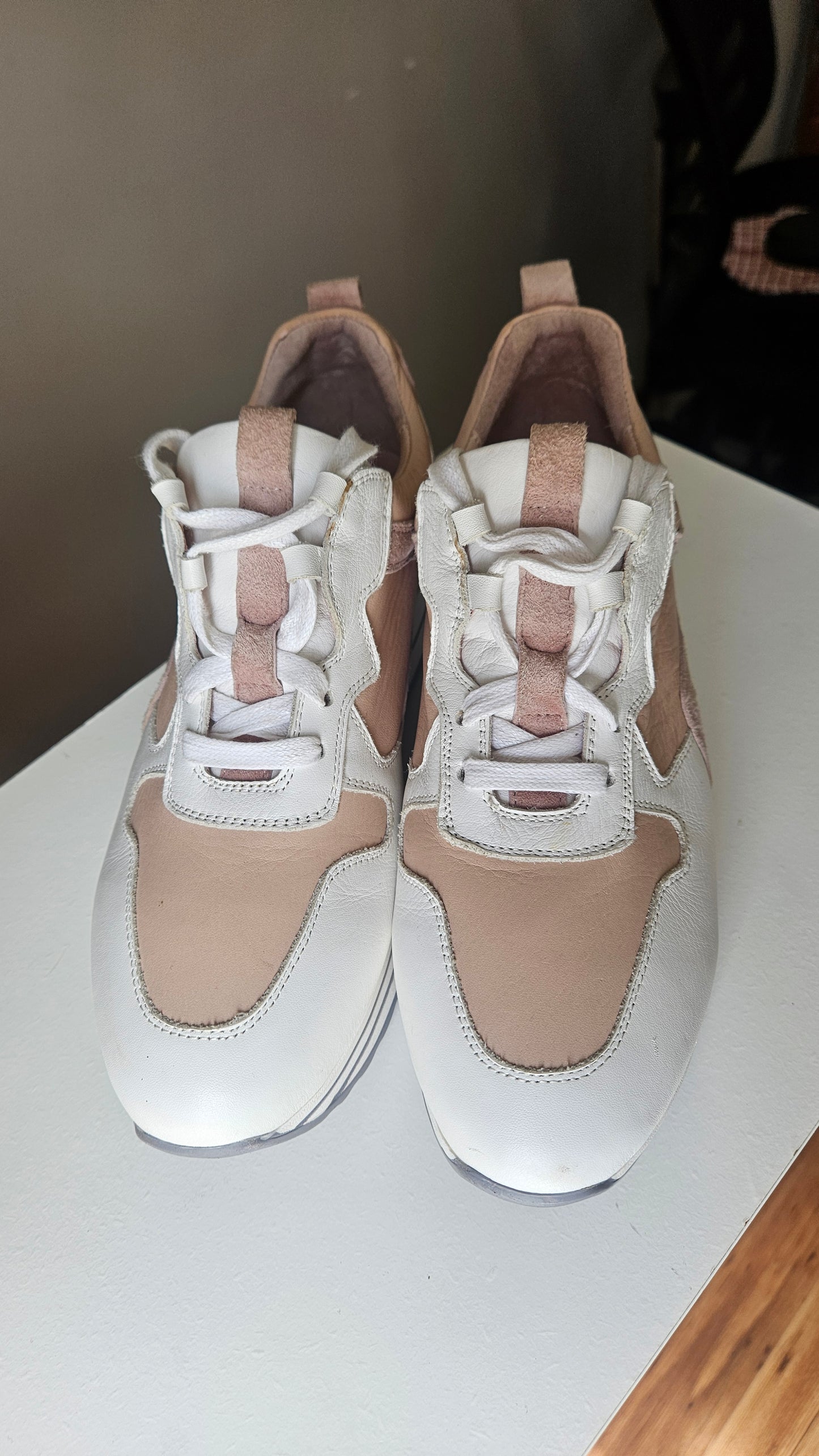 Pair of beige and white sneakers in good preloved condition. Size 8. Leather chunky shoes in Auckland or available online