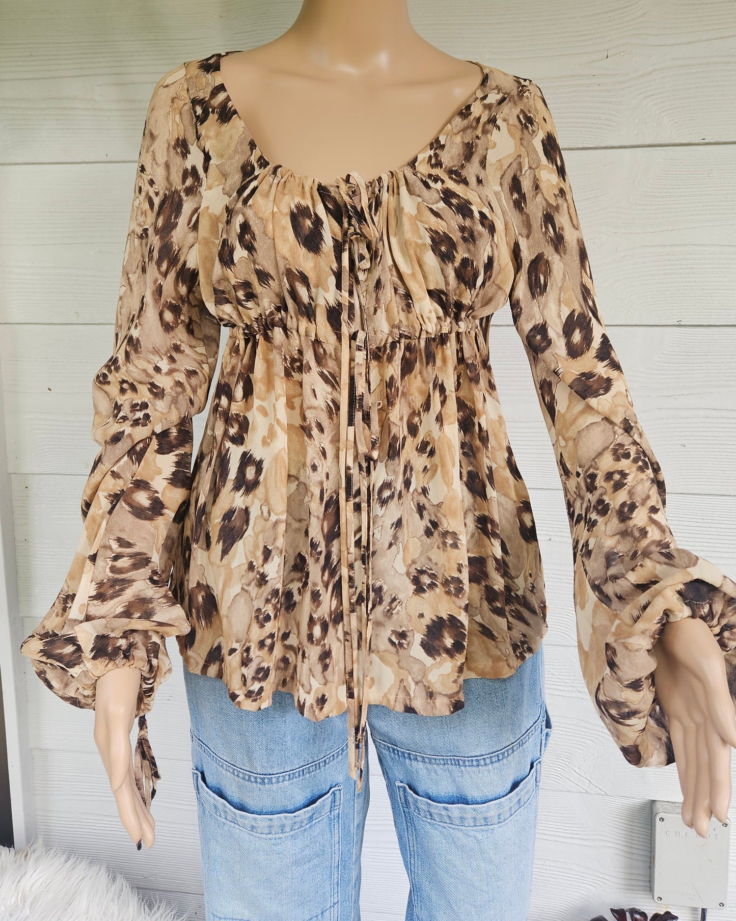 Casual Women's Front Tie Long Sleeve Leopard Print Shirt - Top