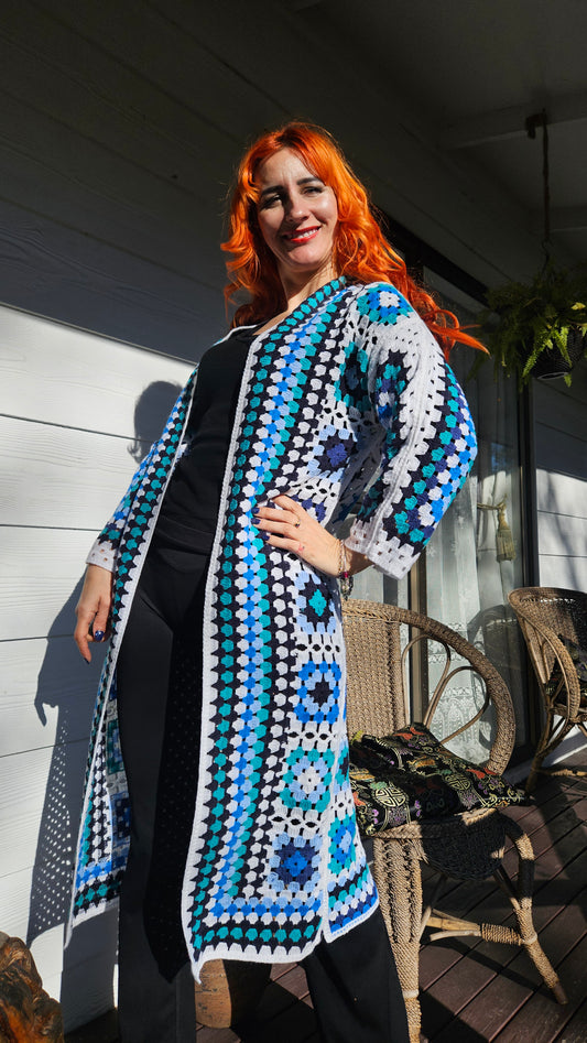 Blue and White Patterned Crochet Cardigan- Preloved Cardigan