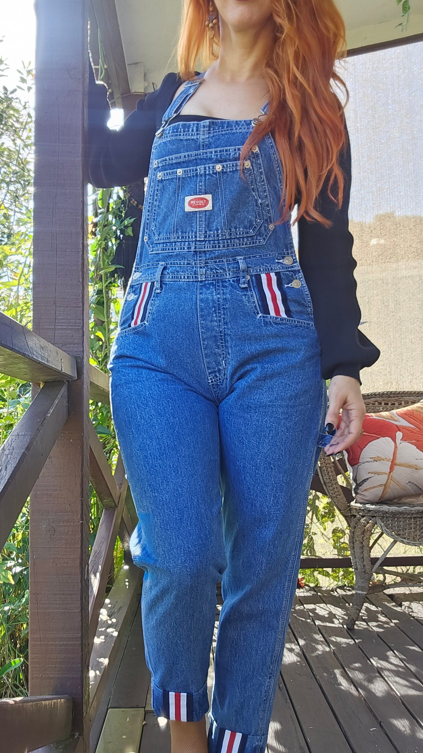 VINTAGE Revolt Denim Overalls Women Medium Blue Bib 100% Cotton Striped Trim 90s