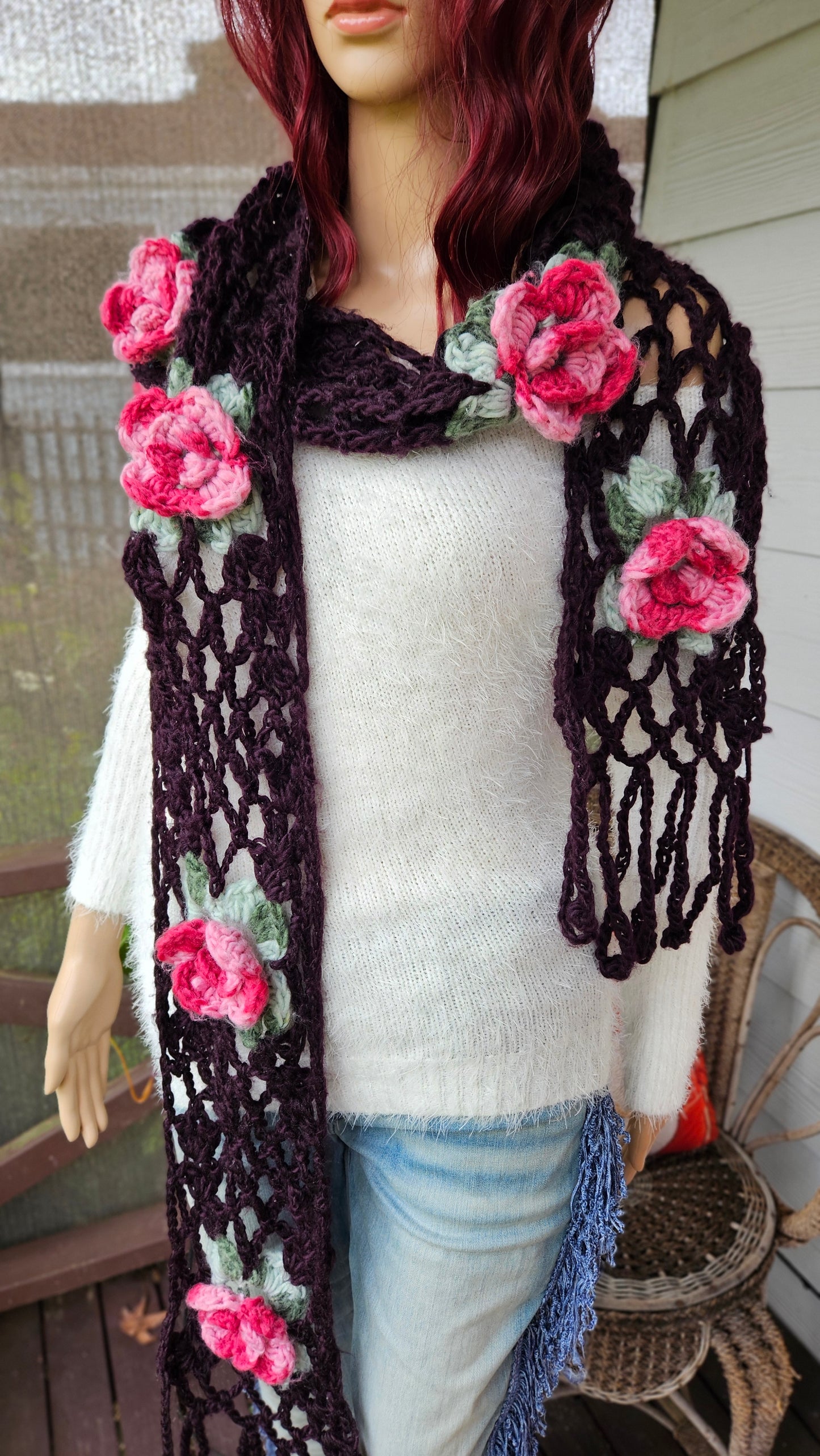 Stunning Handmade Knitted Floral Scarf