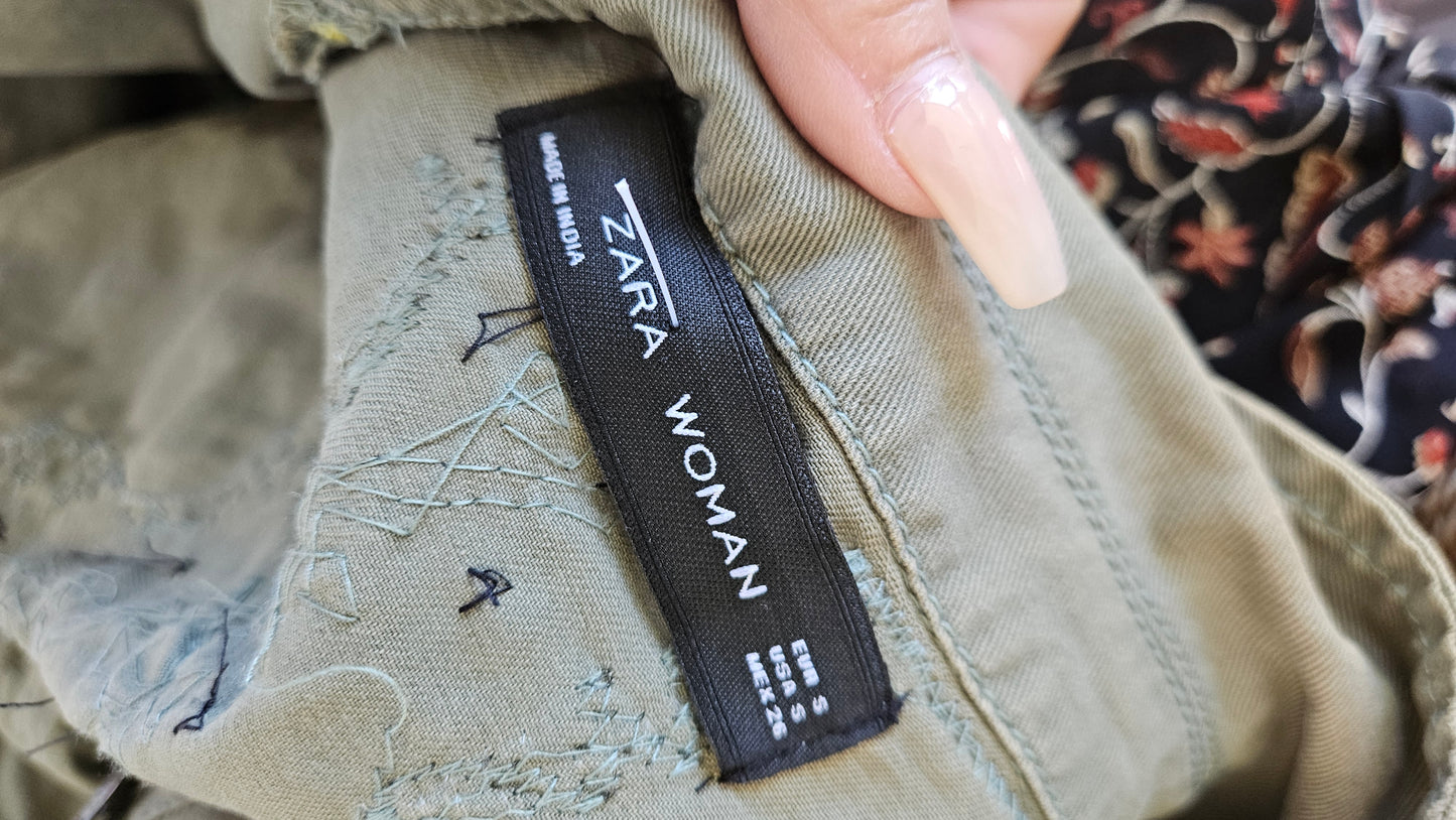 Zara Boho Embroidered Beaded Pom-Pom Army Green Ruffled Military Festival Jacket.