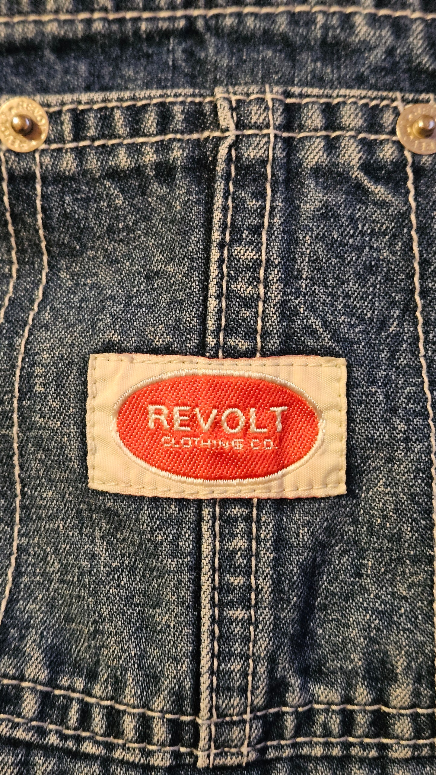 VINTAGE Revolt Denim Overalls Women Medium Blue Bib 100% Cotton Striped Trim 90s