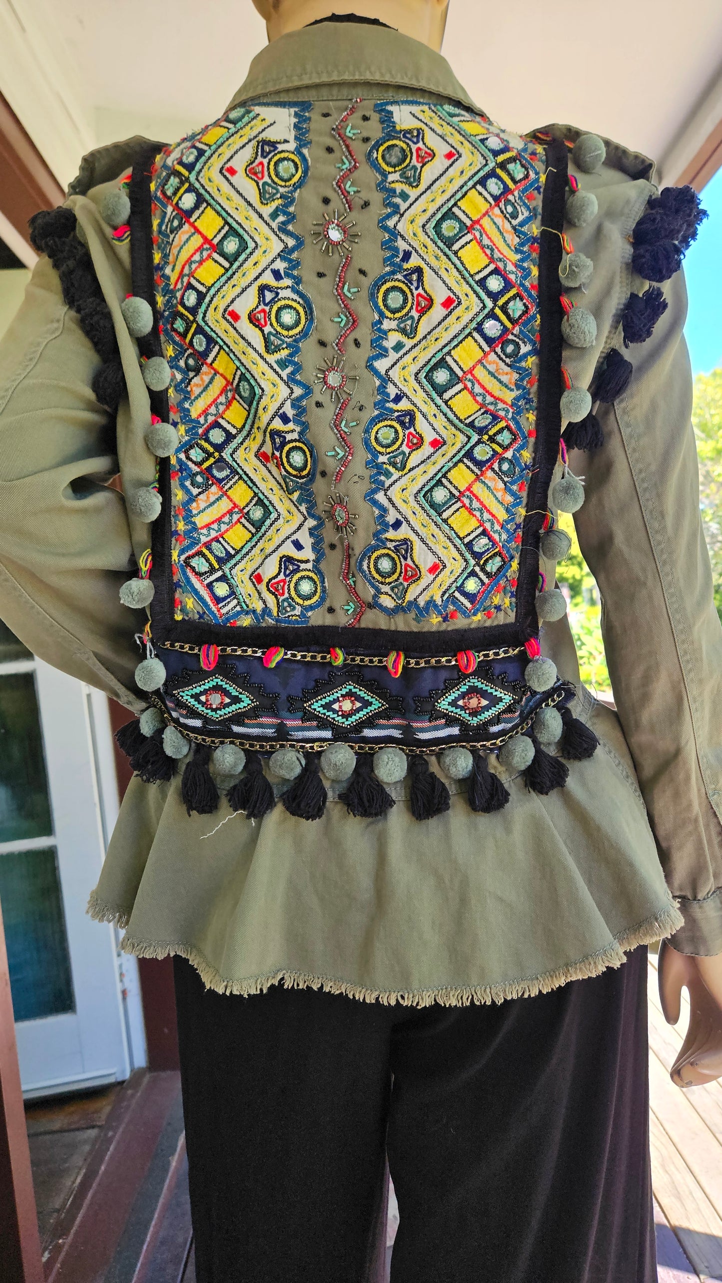 Zara Boho Embroidered Beaded Pom-Pom Army Green Ruffled Military Festival Jacket.