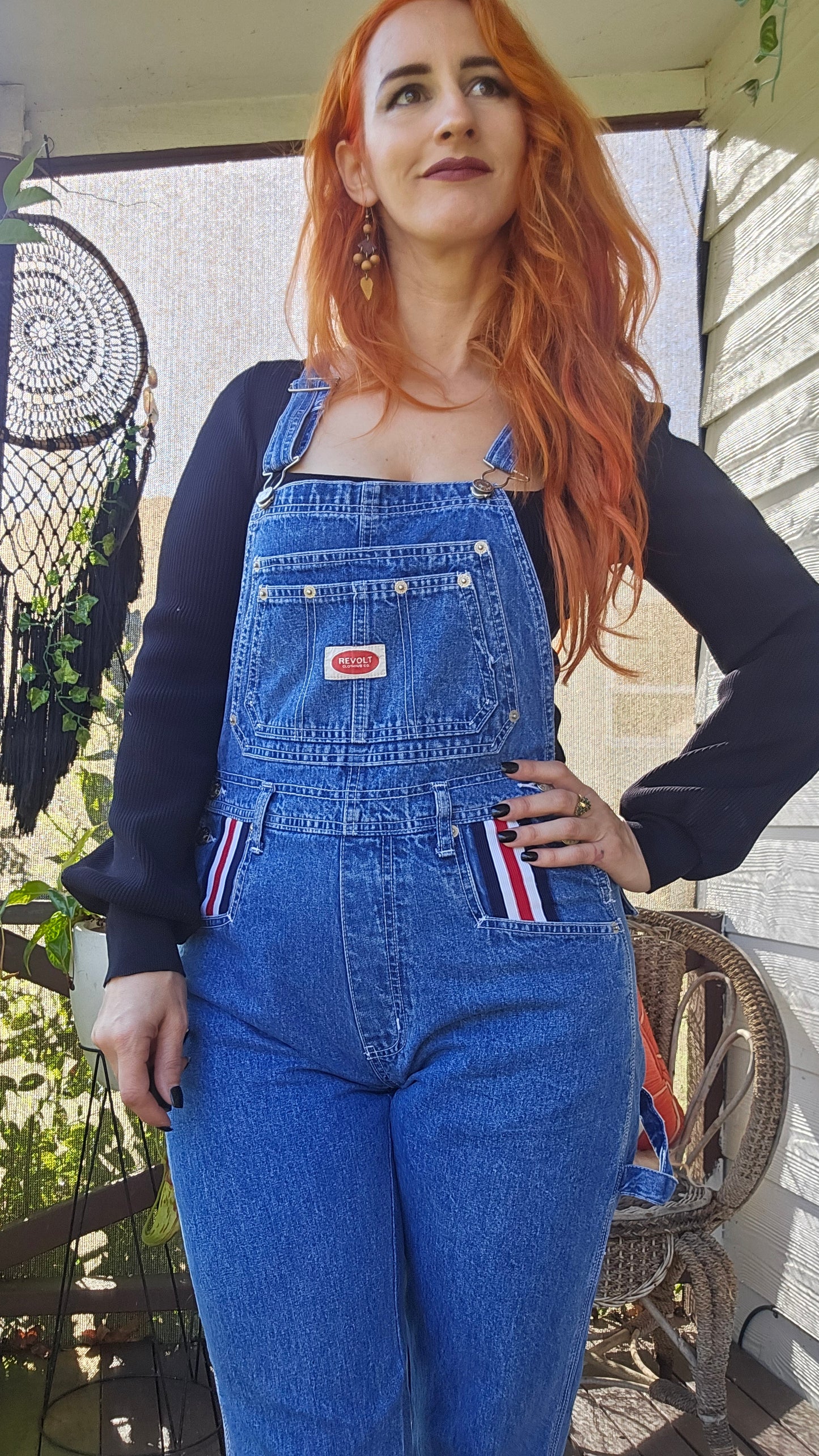 VINTAGE Revolt Denim Overalls Women Medium Blue Bib 100% Cotton Striped Trim 90s