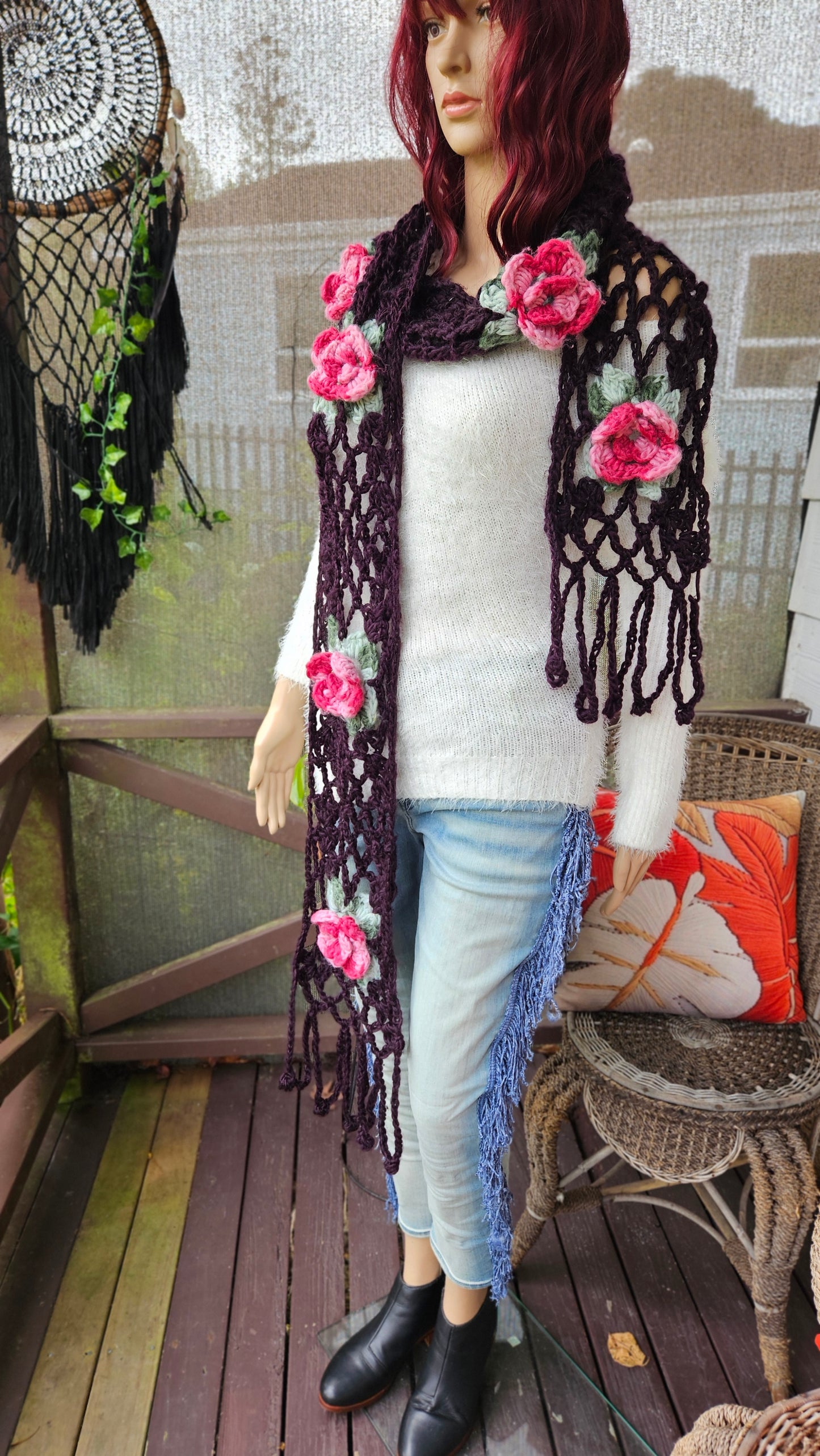 Stunning Handmade Knitted Floral Scarf