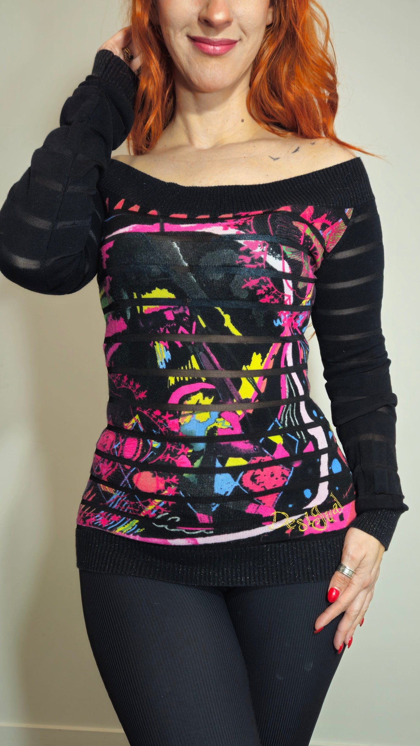 Desigual Off-The-Shoulder Graphic Knit Sweater. Excellent Condition