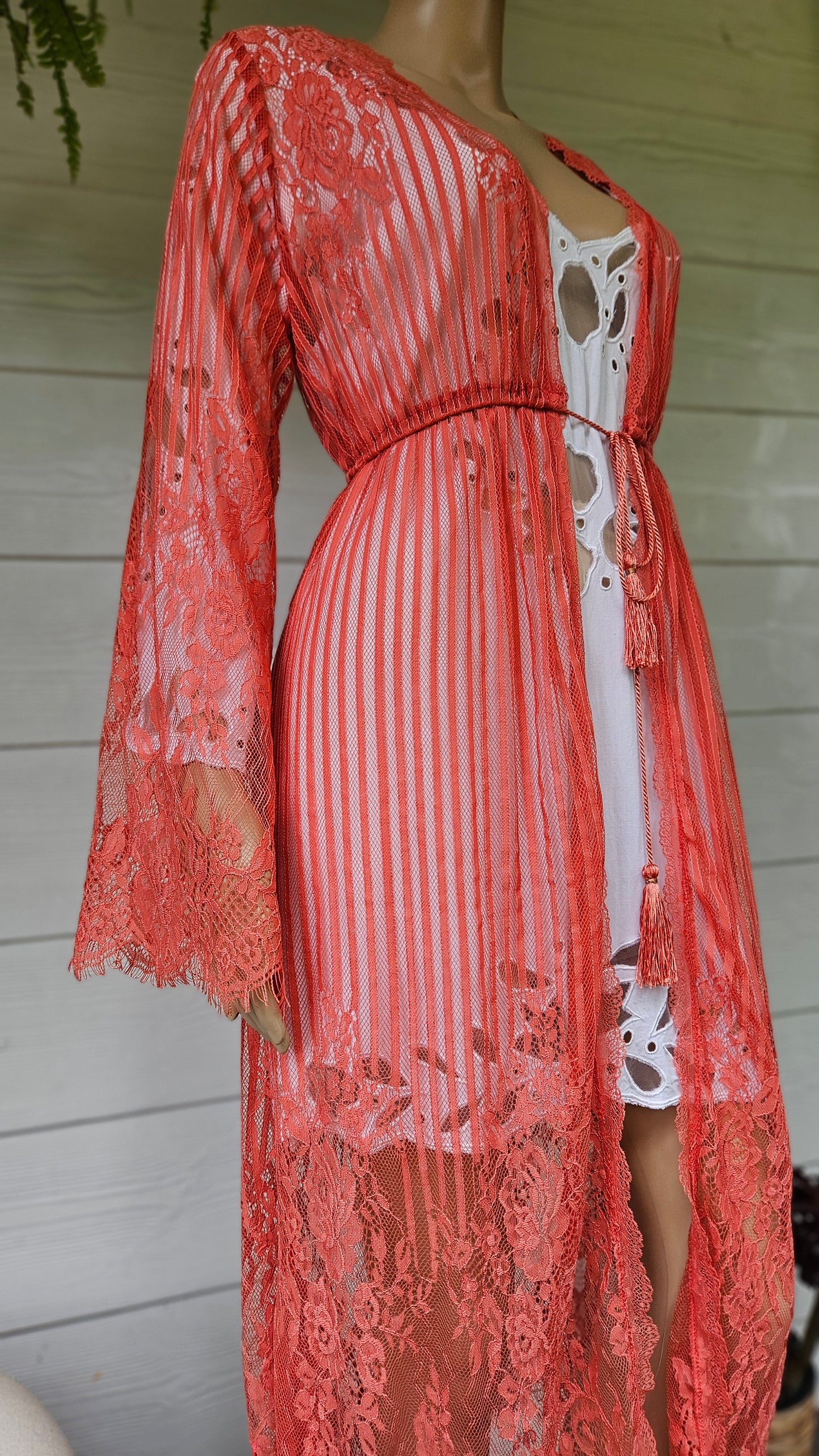 Coral Cardigan Jacket Kimono Orange Lace Duster