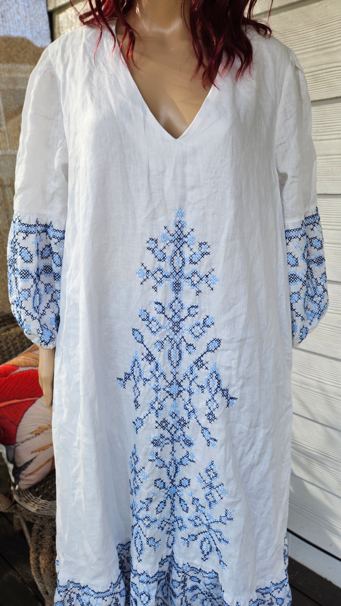 Ikat-embroidered dress. 100% Linen Dress Bohemian Preloved Dress