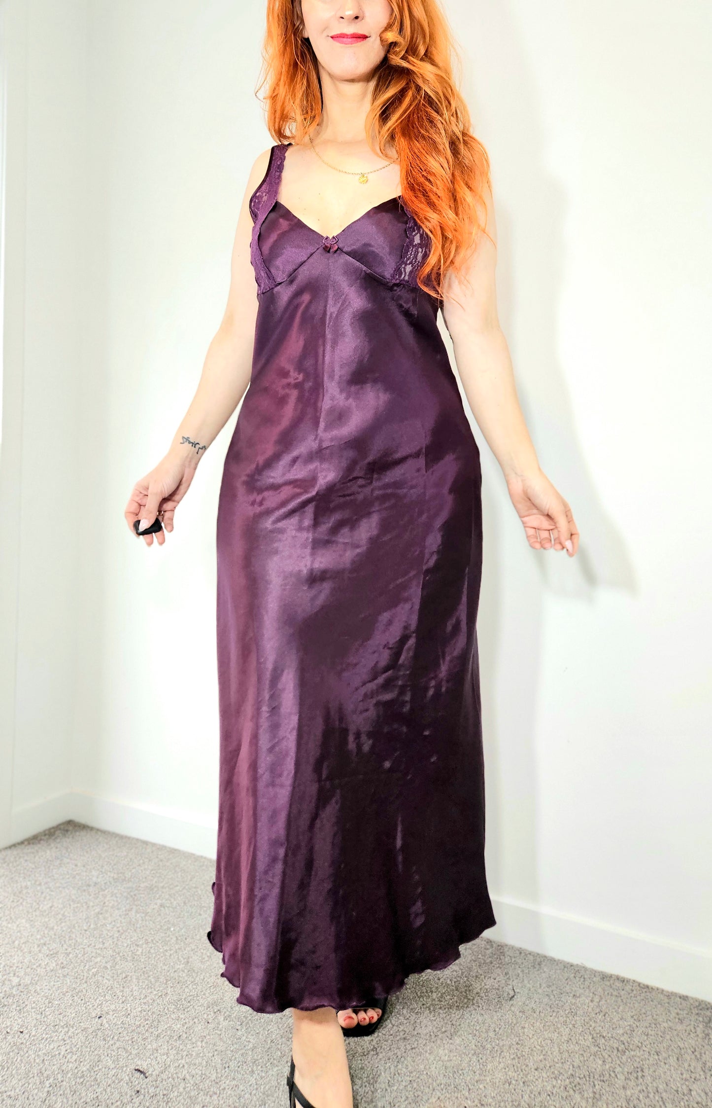 Vintage-Style Plum Satin Lace Slip Dress – Size 12 Approx.
