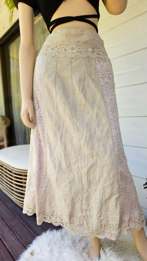 Beige Linen Midi Skirt - Preloved Skirt size 12