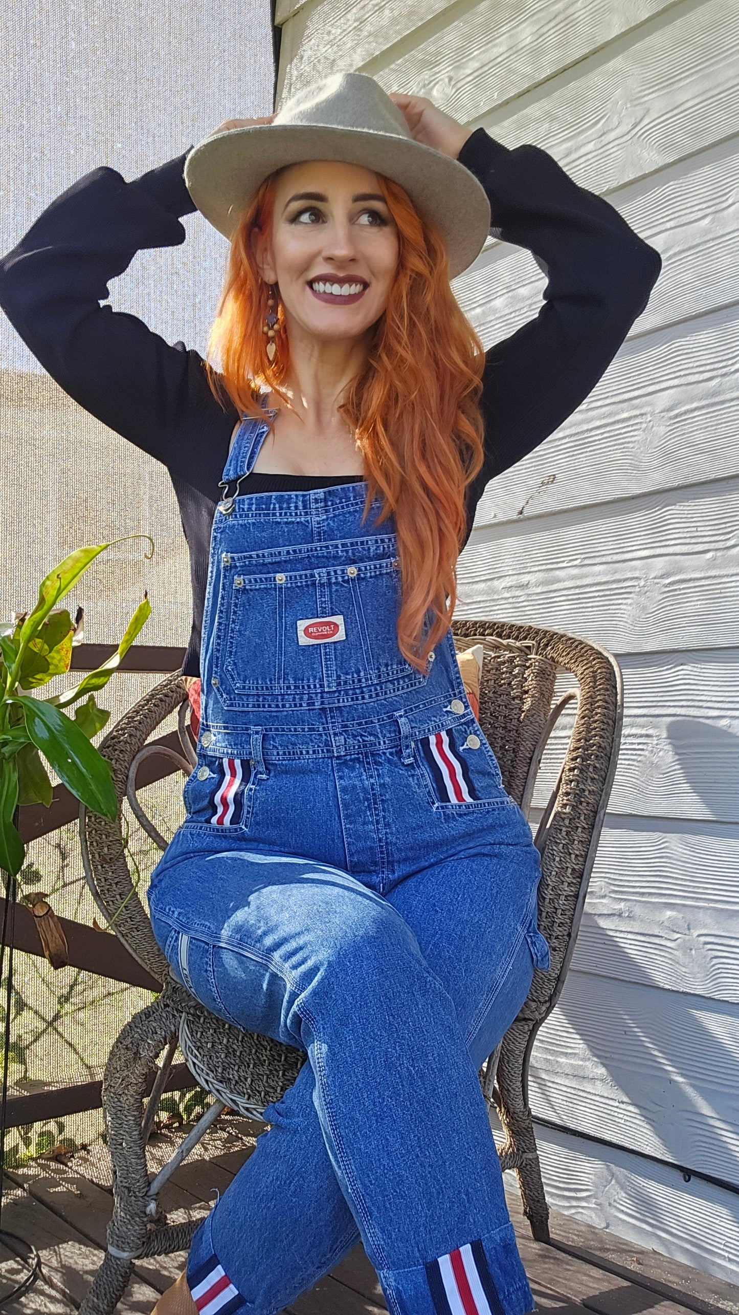 VINTAGE Revolt Denim Overalls Women Medium Blue Bib 100% Cotton Striped Trim 90s