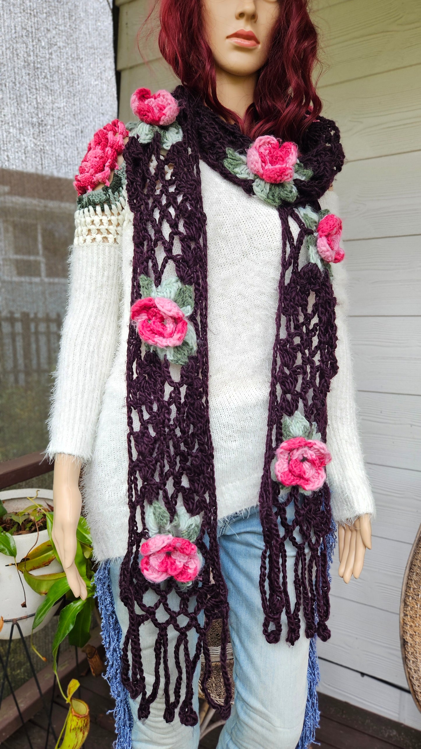 Stunning Handmade Knitted Floral Scarf