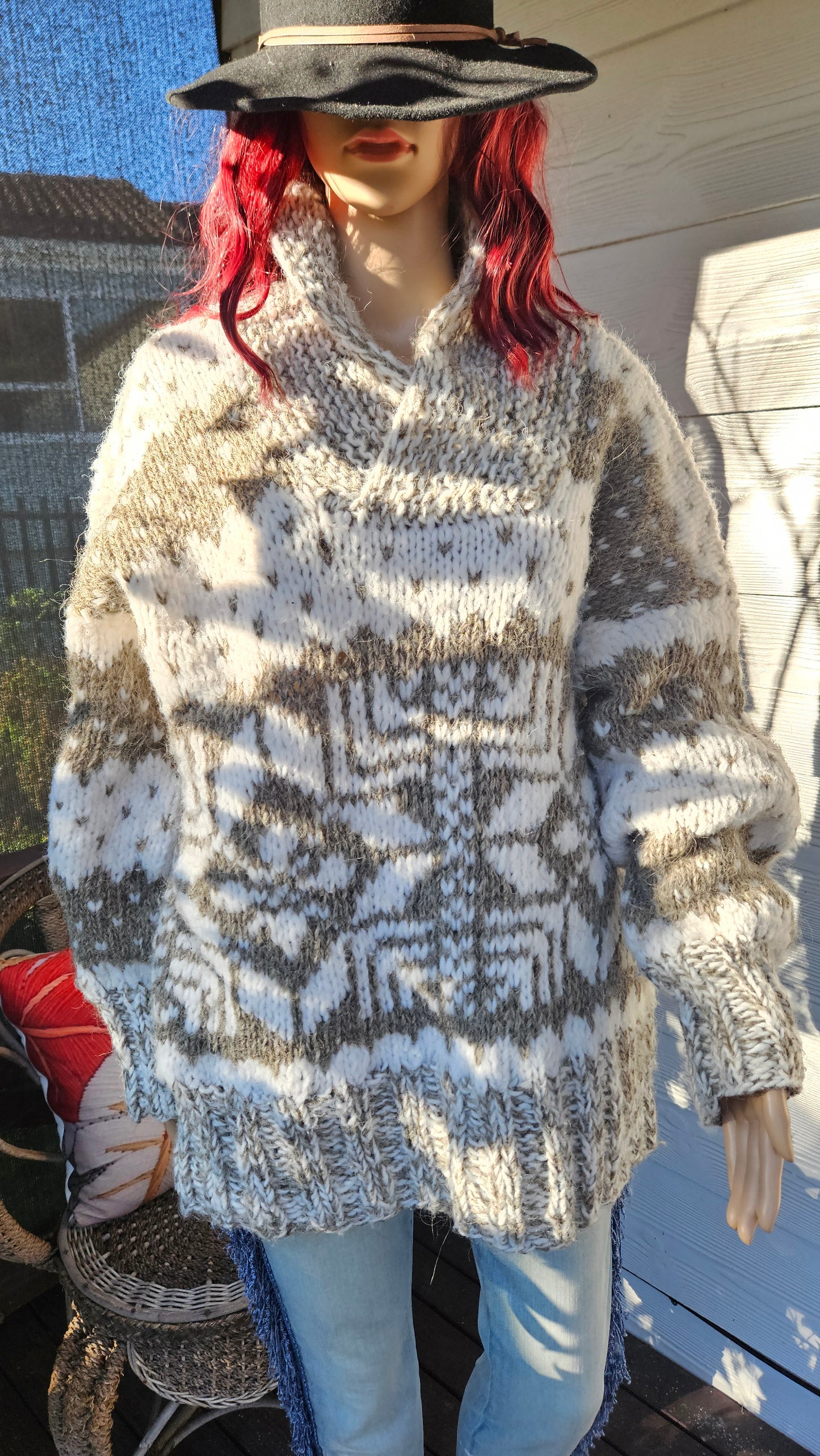 Vintage, hand-knitted Cowichan-style pullover sweater