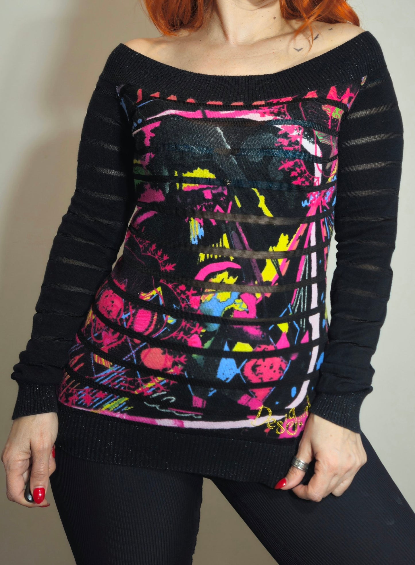Desigual Off-The-Shoulder Graphic Knit Sweater. Excellent Condition