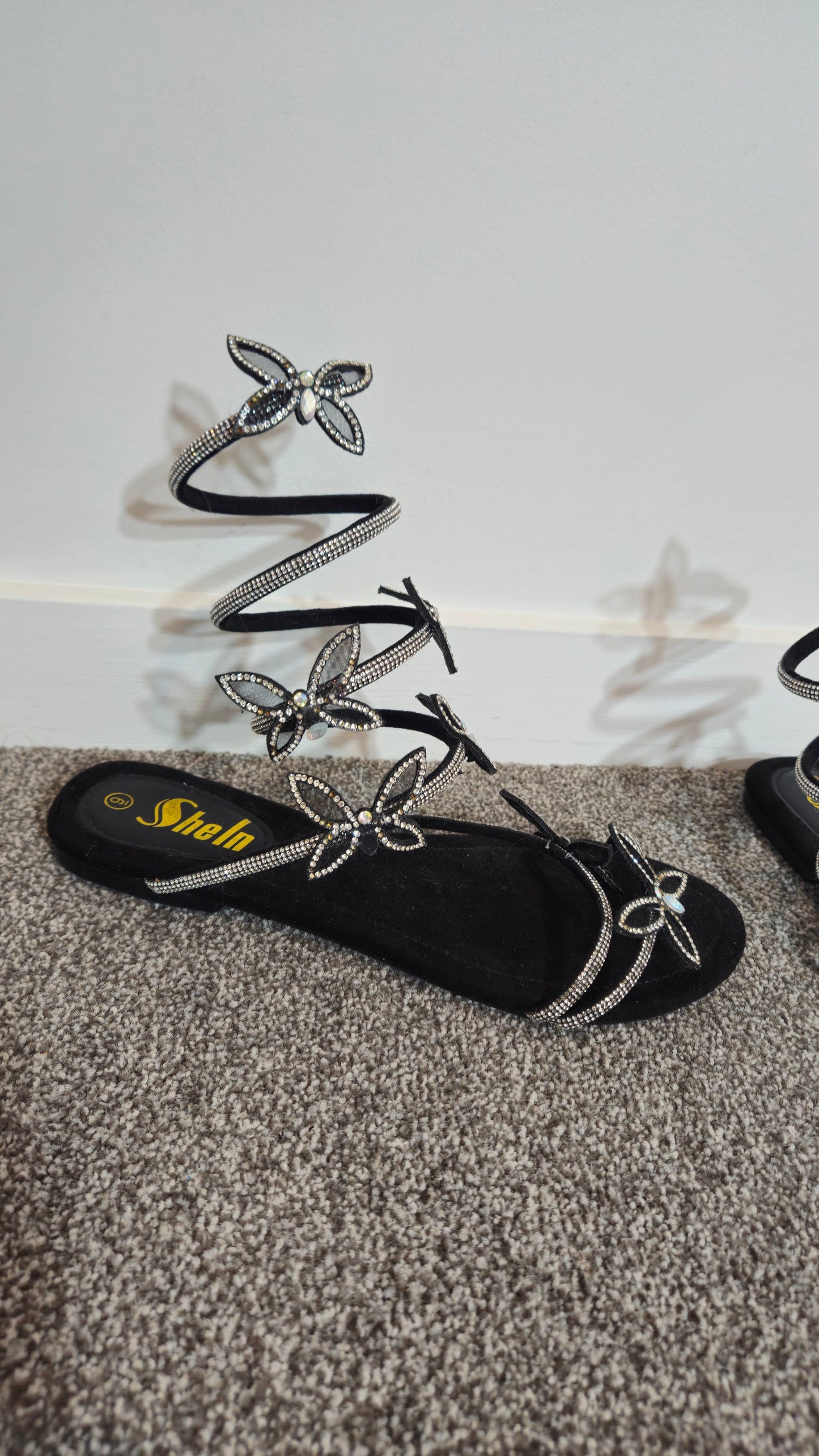 Sheku Black Rhinestone Butterfly Spiral Wrap Gladiator Flat Sandals