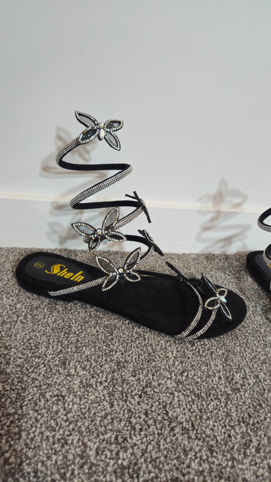 Sheku Black Rhinestone Butterfly Spiral Wrap Gladiator Flat Sandals