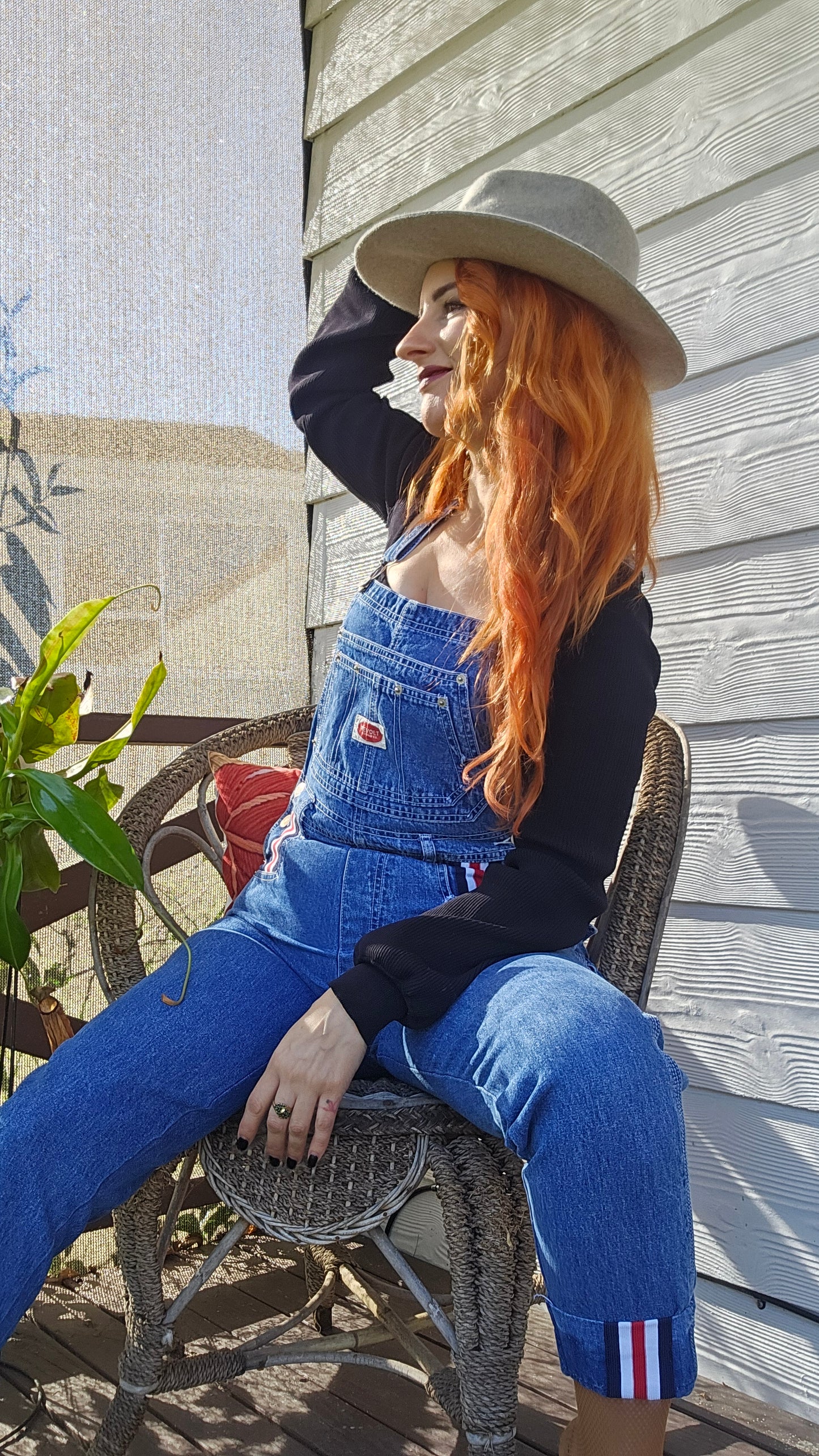 VINTAGE Revolt Denim Overalls Women Medium Blue Bib 100% Cotton Striped Trim 90s