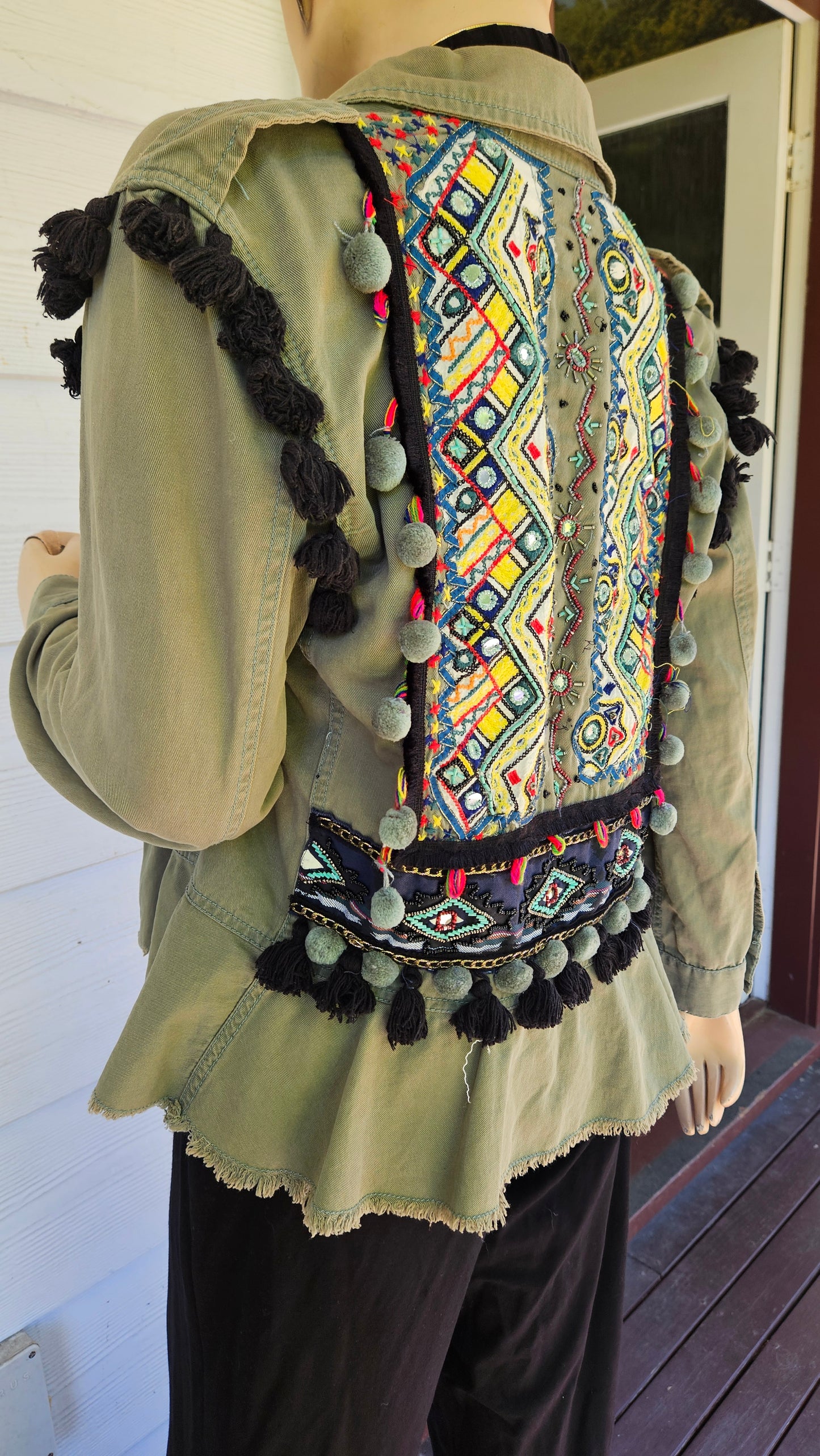 Zara Boho Embroidered Beaded Pom-Pom Army Green Ruffled Military Festival Jacket.