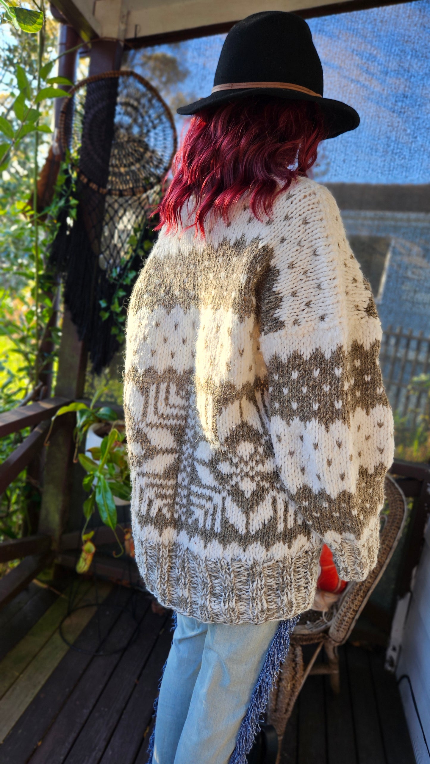 Vintage, hand-knitted Cowichan-style pullover sweater