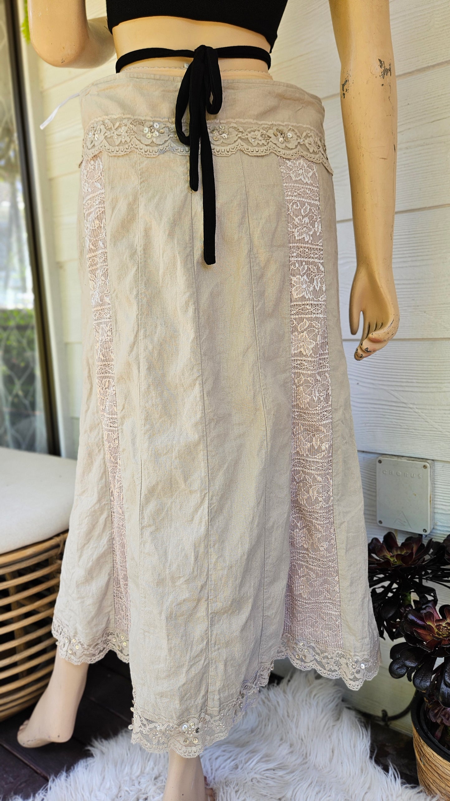 Beige Linen Midi Skirt - Preloved Skirt size 12