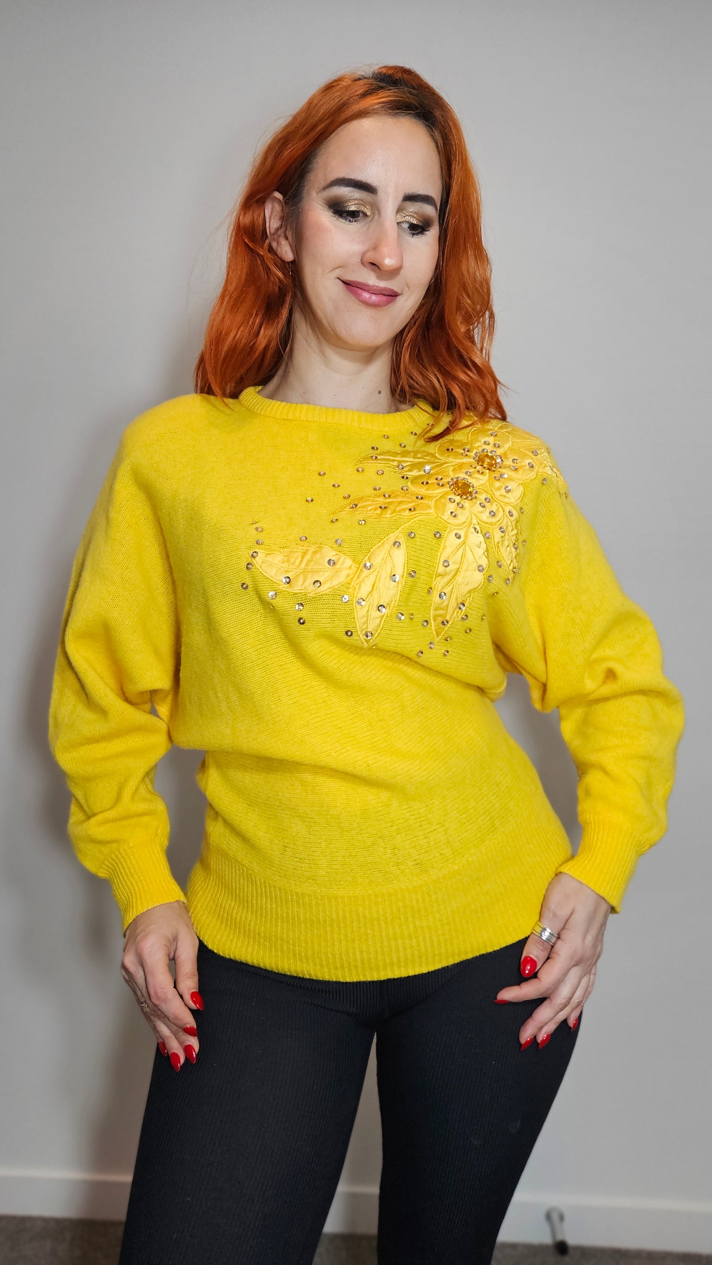Vintage 80s Sweater Floral Embroidery Crewneck Pullover with shoulder pads Yellow