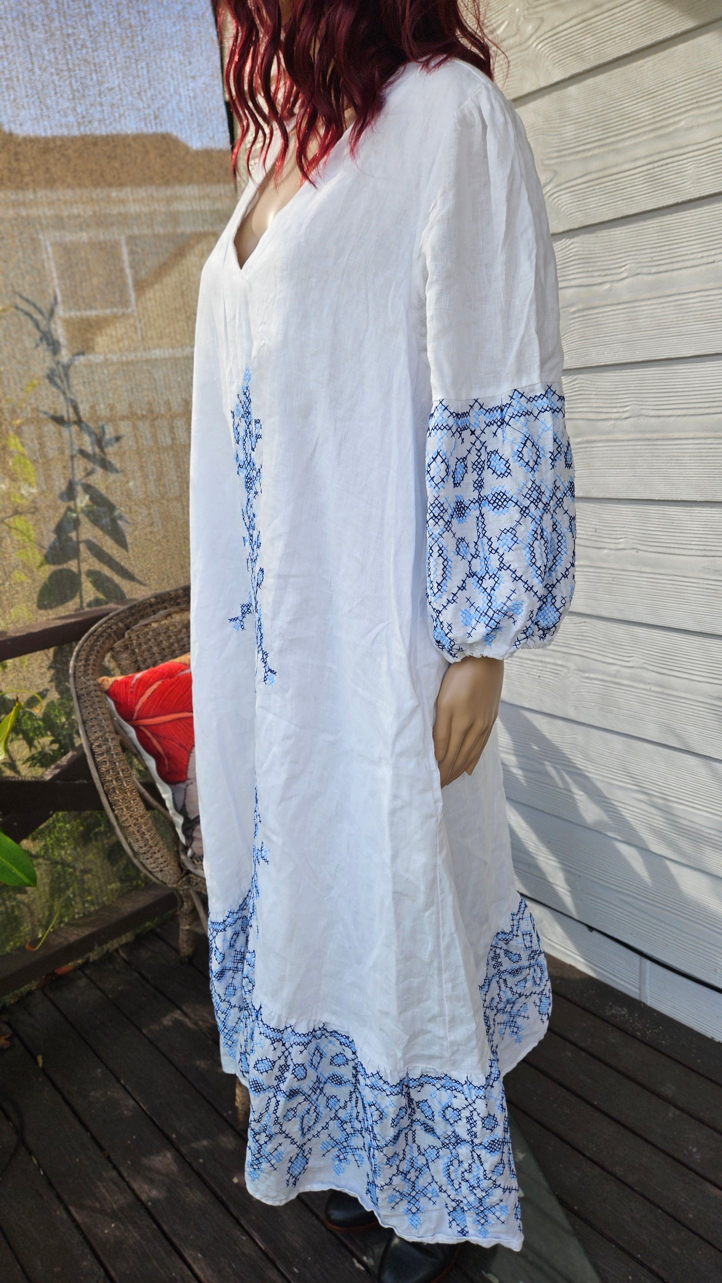 Ikat-embroidered dress. 100% Linen Dress Bohemian Preloved Dress