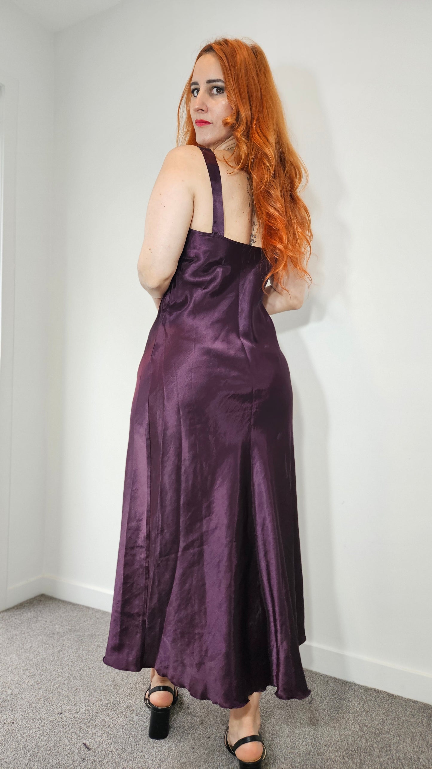 Vintage-Style Plum Satin Lace Slip Dress – Size 12 Approx.