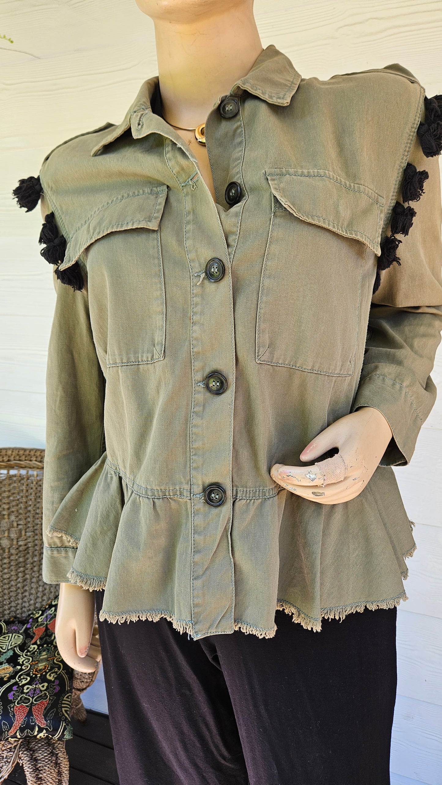 Zara Boho Embroidered Beaded Pom-Pom Army Green Ruffled Military Festival Jacket.
