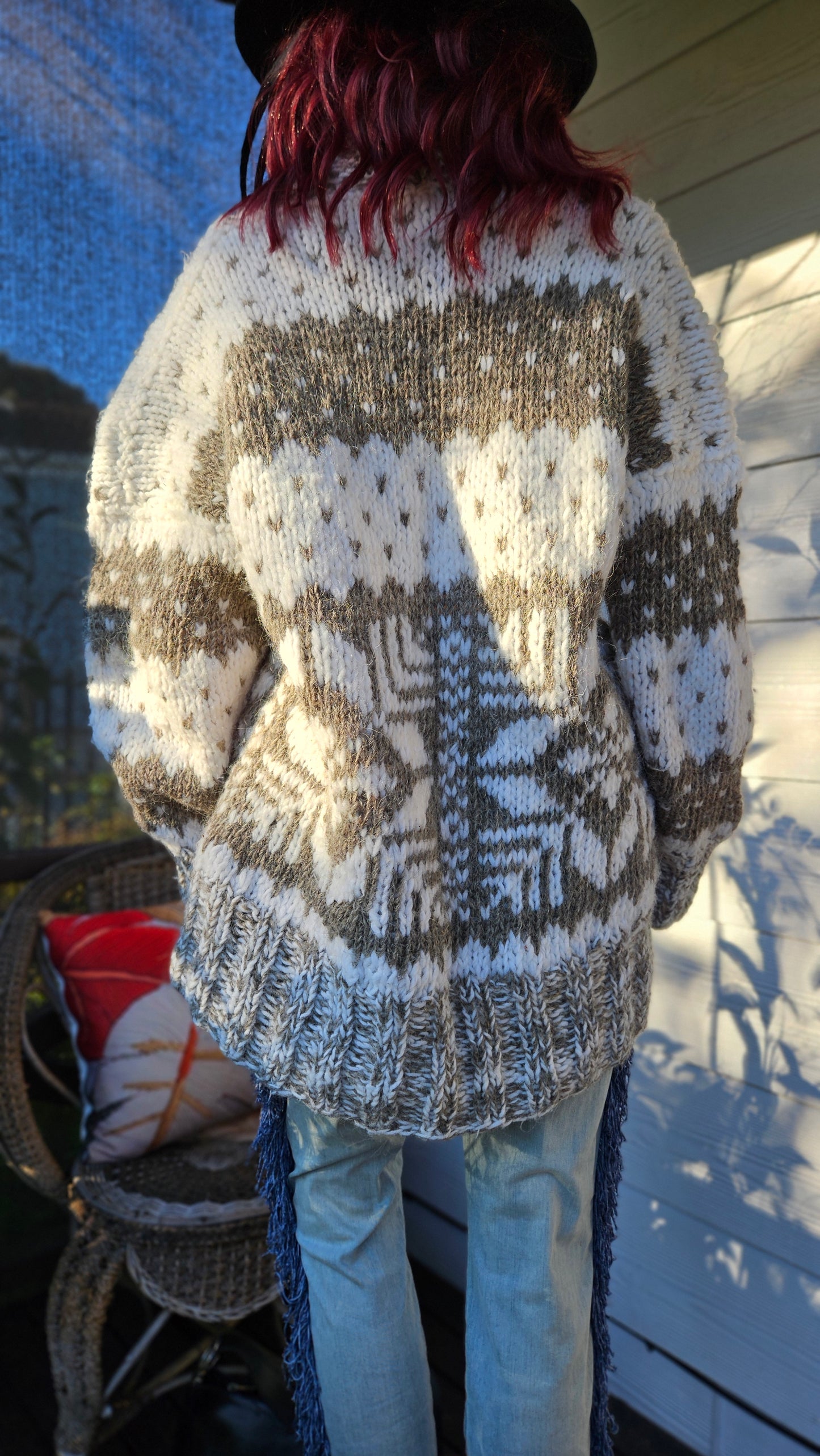 Vintage, hand-knitted Cowichan-style pullover sweater