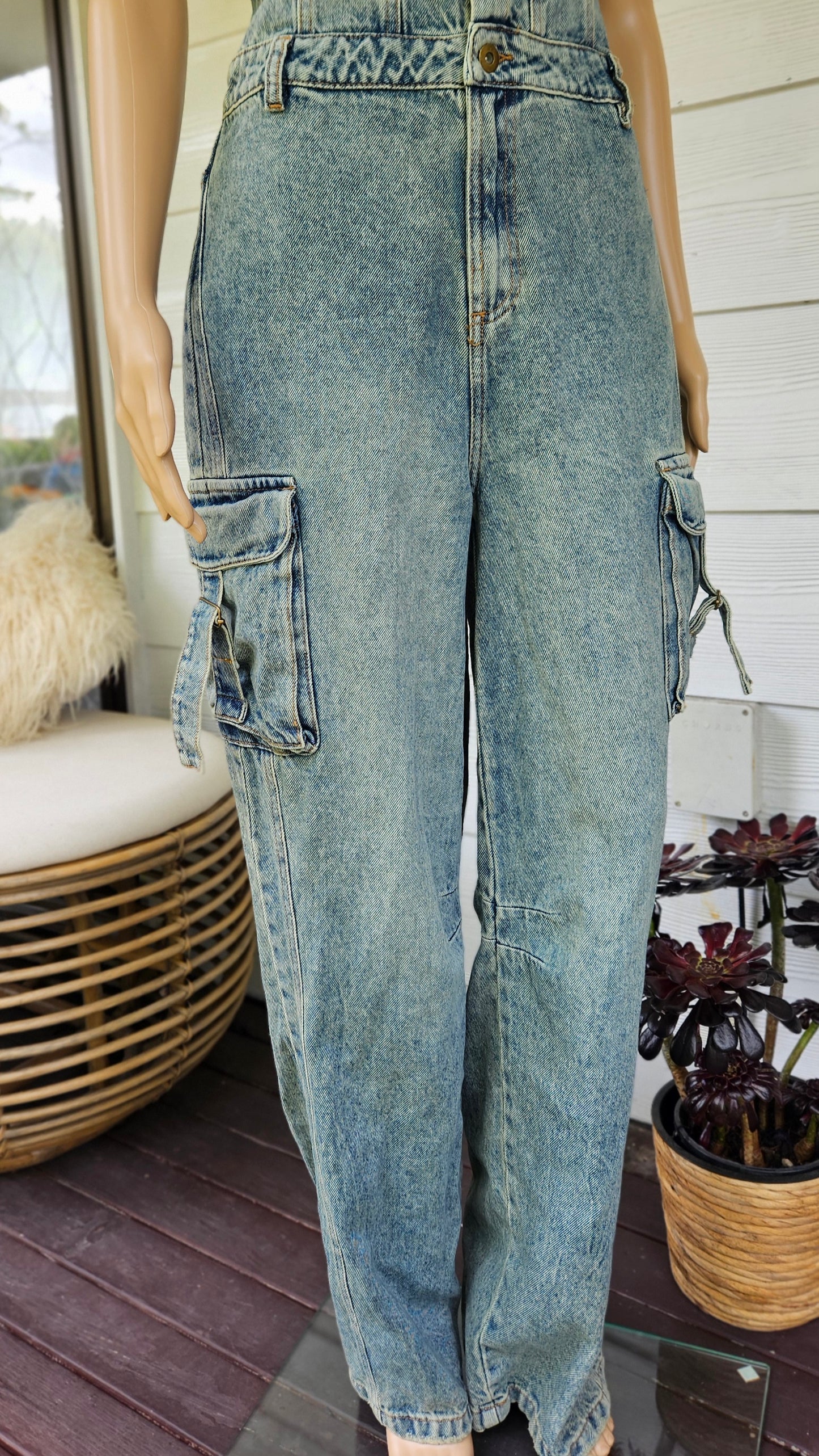 Unique Colombian Wide Leg Denim Jumpsuit Cargo style Size S.