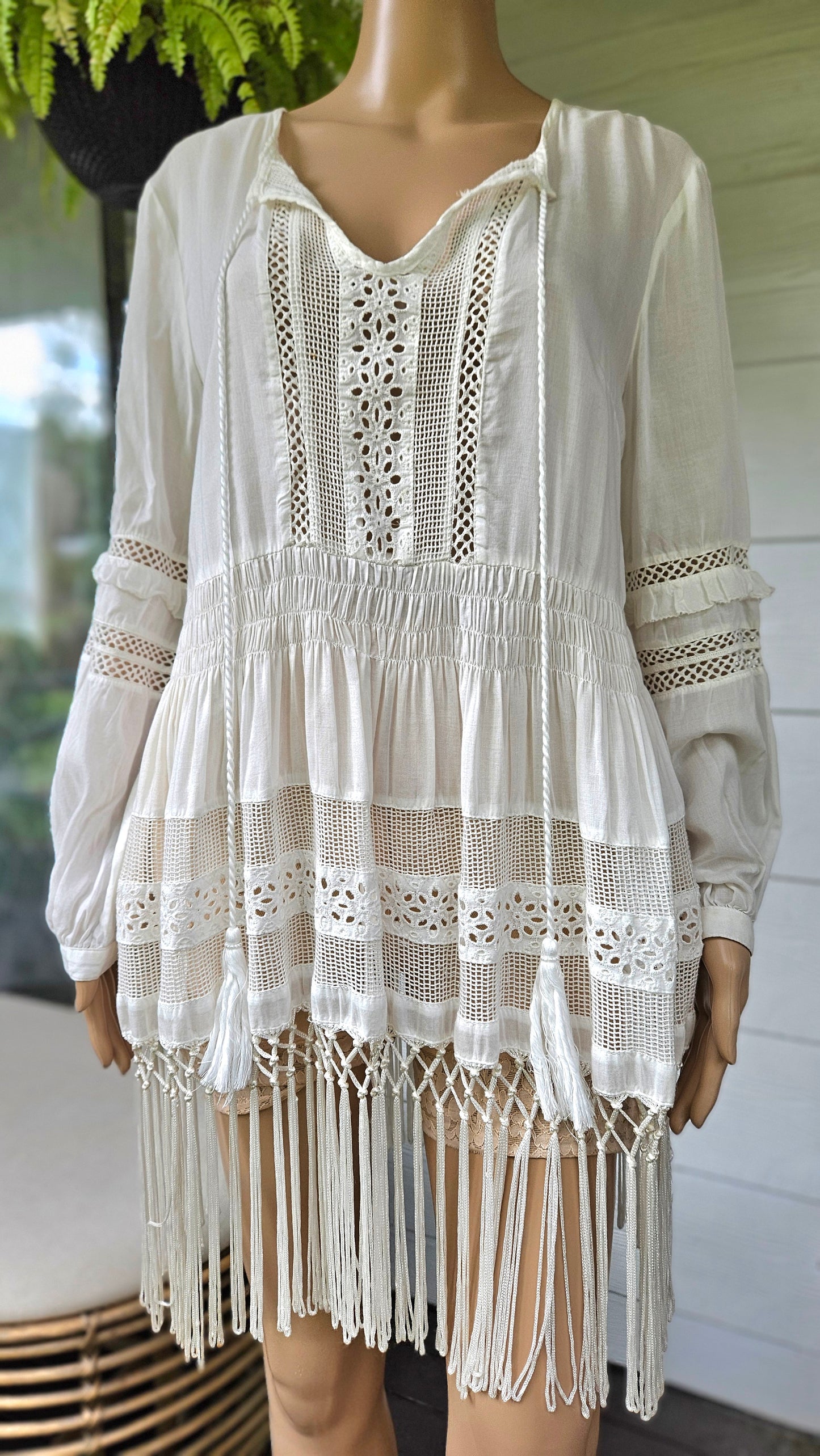 White lace dress with fringe, blouse with beach vibes, super cute in good preloved condition
